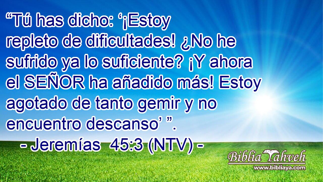 “Tú has dicho: ‘¡Estoy repleto de dificultades! ¿No he sufrido ya lo suficiente? ¡Y ahora el SEÑOR ha añadido más! Estoy agotado de tanto gemir y no encuentro descanso’ ”.