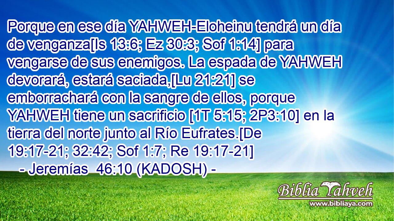  Porque en ese día YAHWEH-Eloheinu tendrá un día de venganza[Is 13:6; Ez 30:3; Sof 1:14] para vengarse de sus enemigos. La espada de YAHWEH devorará, estará saciada,[Lu 21:21] se emborrachará con la sangre de ellos, porque YAHWEH tiene un sacrificio [1T 5:15; 2P3:10] en la tierra del norte junto al Río Eufrates.[De 19:17-21; 32:42; Sof 1:7; Re 19:17-21] 