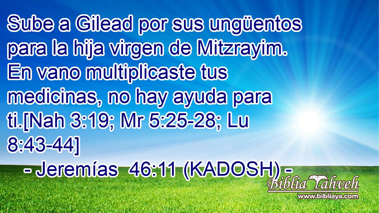  Sube a Gilead por sus ungüentos para la hija virgen de Mitzrayim. En vano multiplicaste tus medicinas, no hay ayuda para ti.[Nah 3:19; Mr 5:25-28; Lu 8:43-44] 