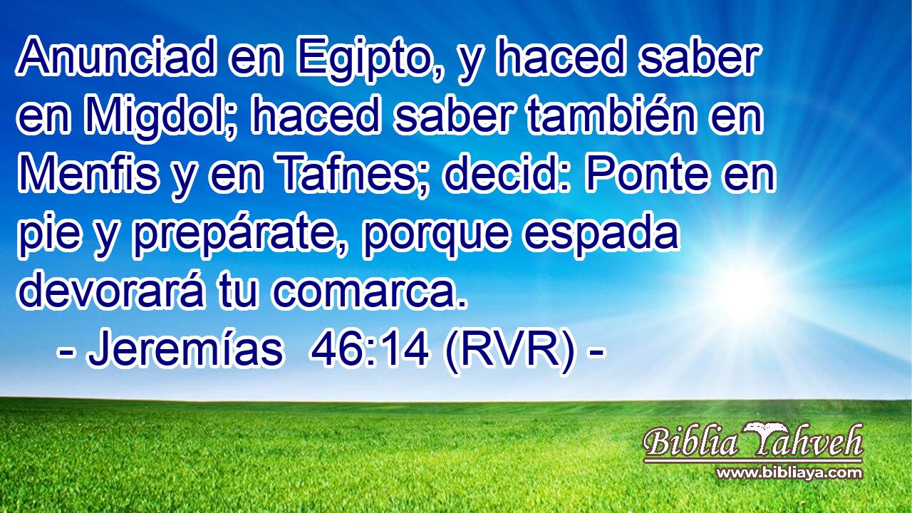 Anunciad en Egipto, y haced saber en Migdol; haced saber también en Menfis y en Tafnes; decid: Ponte en pie y prepárate, porque espada devorará tu comarca.