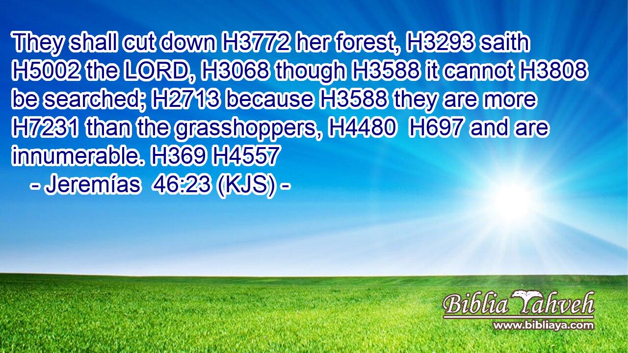 They shall cut down H3772 her forest, H3293 saith H5002 the LORD, H3068 though H3588 it cannot H3808 be searched; H2713 because H3588 they are more H7231 than the grasshoppers, H4480  H697 and are innumerable. H369 H4557