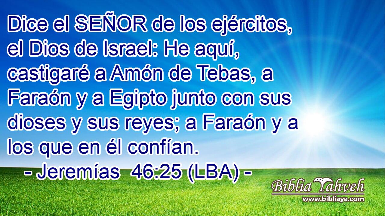 Dice el SEÑOR de los ejércitos, el Dios de Israel: He aquí, castigaré a Amón de Tebas, a Faraón y a Egipto junto con sus dioses y sus reyes; a Faraón y a los que en él confían.