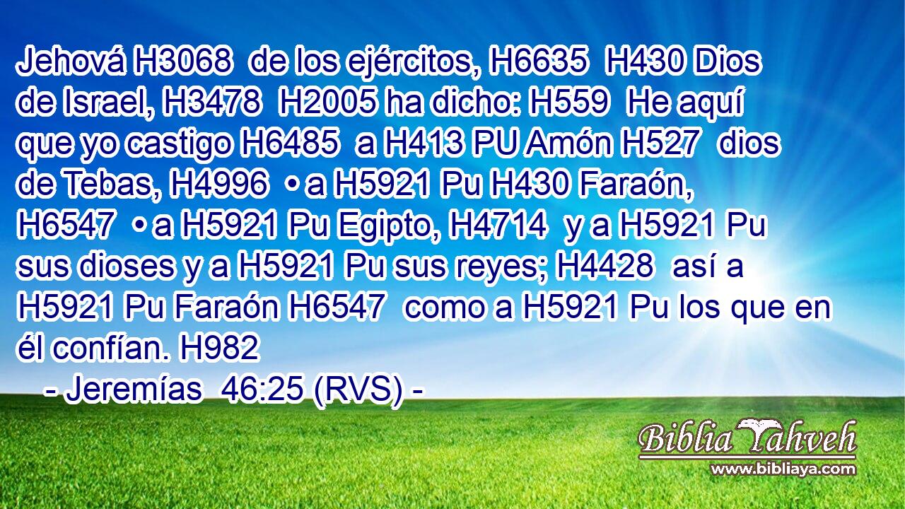 Jehová H3068  de los ejércitos, H6635  H430 Dios de Israel, H3478  H2005 ha dicho: H559  He aquí que yo castigo H6485  a H413 PU Amón H527  dios de Tebas, H4996  • a H5921 Pu H430 Faraón, H6547  • a H5921 Pu Egipto, H4714  y a H5921 Pu sus dioses y a H5921 Pu sus reyes; H4428  así a H5921 Pu Faraón H6547  como a H5921 Pu los que en él confían. H982  