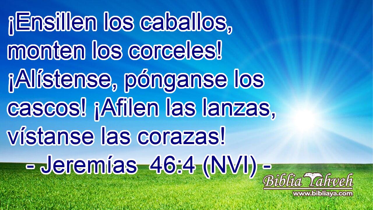  ¡Ensillen los caballos, monten los corceles! ¡Alístense, pónganse los cascos! ¡Afilen las lanzas, vístanse las corazas! 