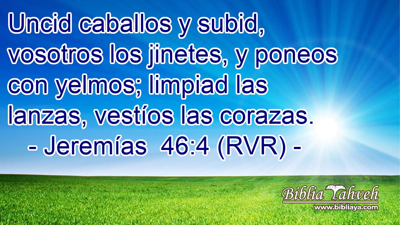 Uncid caballos y subid, vosotros los jinetes, y poneos con yelmos; limpiad las lanzas, vestíos las corazas.
