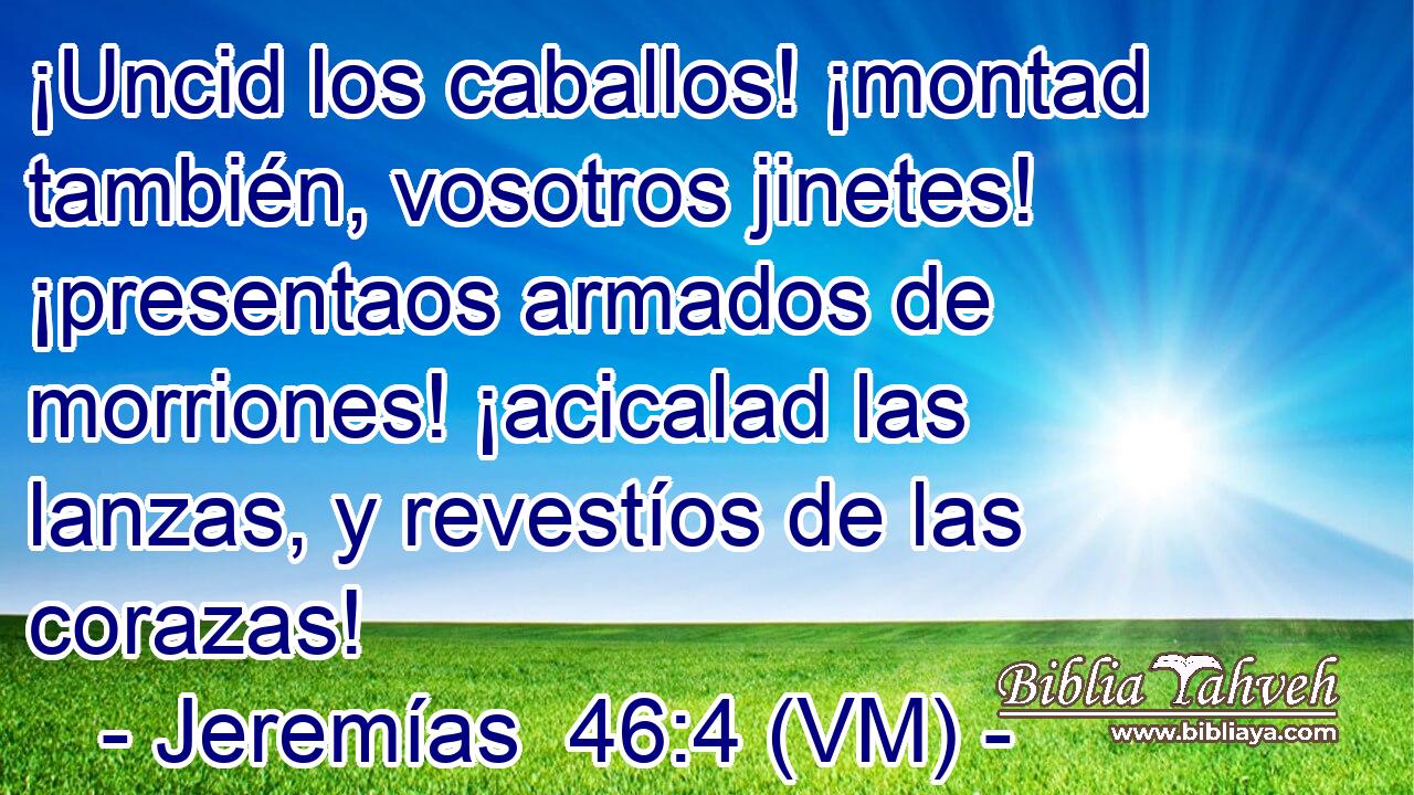  ¡Uncid los caballos! ¡montad también, vosotros jinetes! ¡presentaos armados de morriones! ¡acicalad las lanzas, y revestíos de las corazas! 