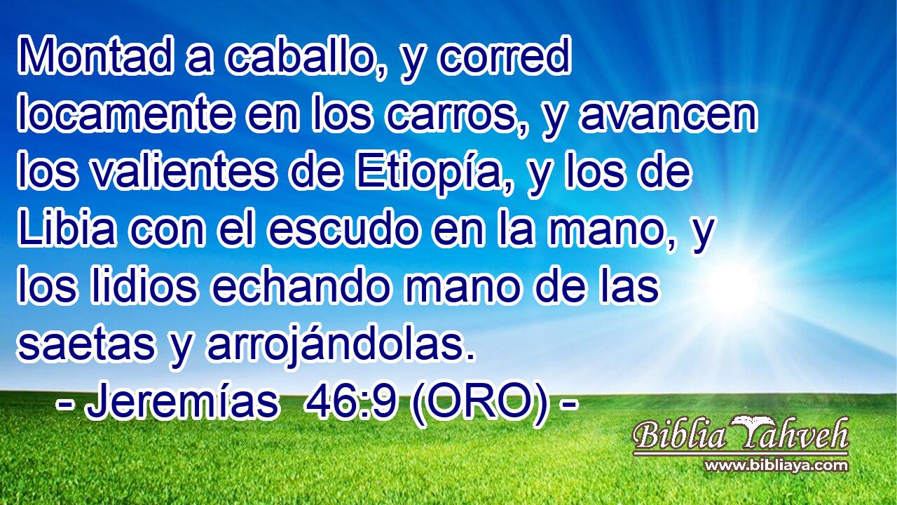  Montad a caballo, y corred locamente en los carros, y avancen los valientes de Etiopía, y los de Libia con el escudo en la mano, y los lidios echando mano de las saetas y arrojándolas. 