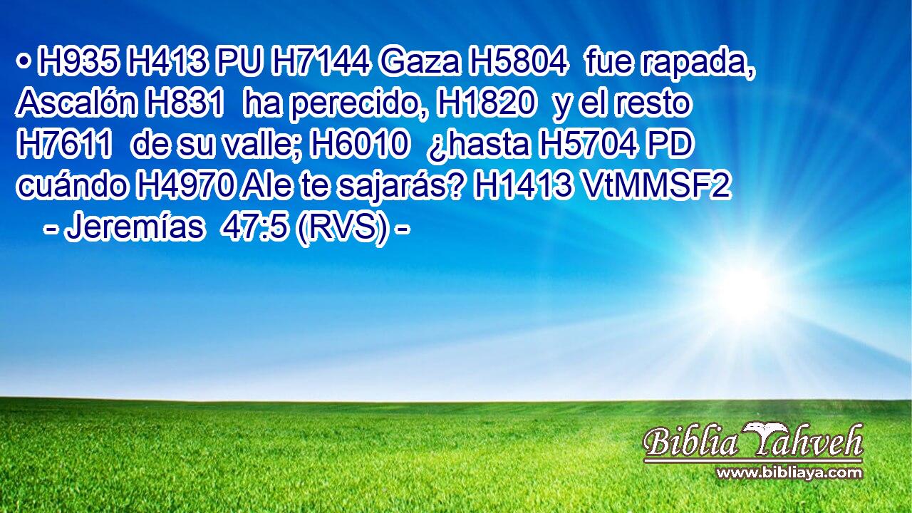 • H935 H413 PU H7144 Gaza H5804  fue rapada, Ascalón H831  ha perecido, H1820  y el resto H7611  de su valle; H6010  ¿hasta H5704 PD cuándo H4970 AIe te sajarás? H1413 VtMMSF2 