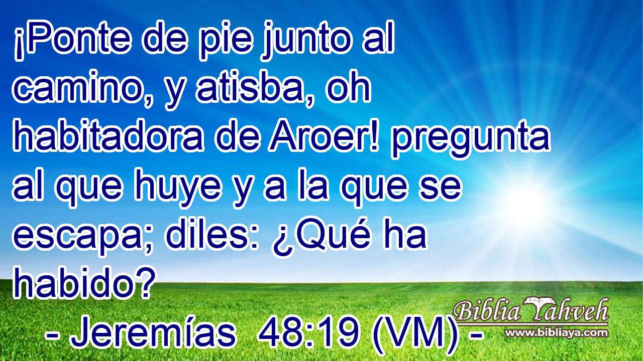  ¡Ponte de pie junto al camino, y atisba, oh habitadora de Aroer! pregunta al que huye y a la que se escapa; diles: ¿Qué ha habido? 