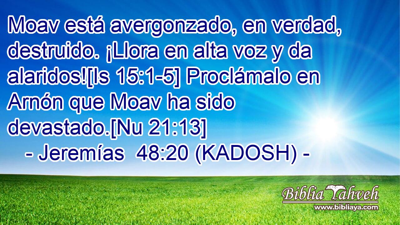  Moav está avergonzado, en verdad, destruido. ¡Llora en alta voz y da alaridos![Is 15:1-5] Proclámalo en Arnón que Moav ha sido devastado.[Nu 21:13] 
