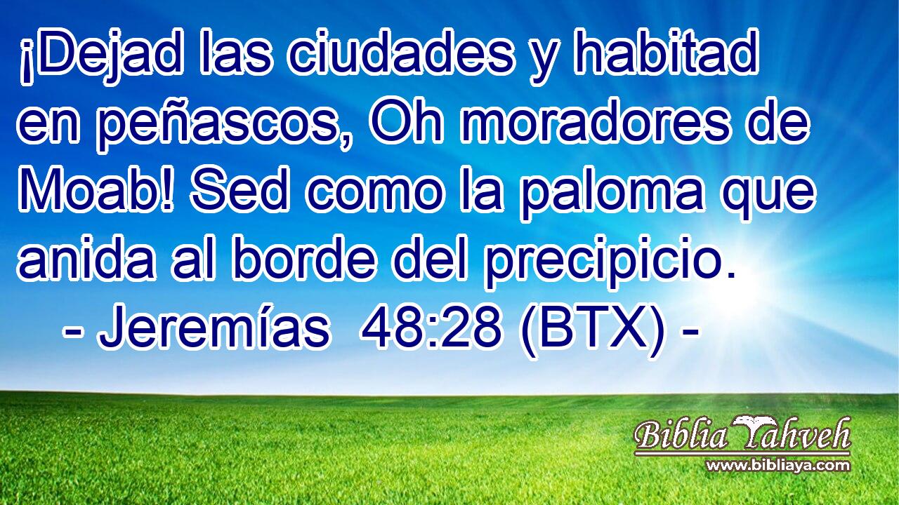 ¡Dejad las ciudades y habitad en peñascos, Oh moradores de Moab! Sed como la paloma que anida al borde del precipicio.