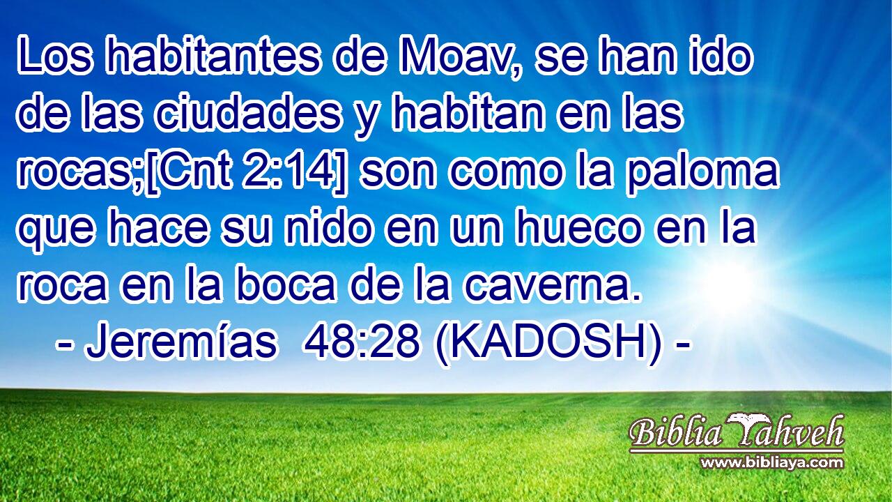  Los habitantes de Moav, se han ido de las ciudades y habitan en las rocas;[Cnt 2:14] son como la paloma que hace su nido en un hueco en la roca en la boca de la caverna. 