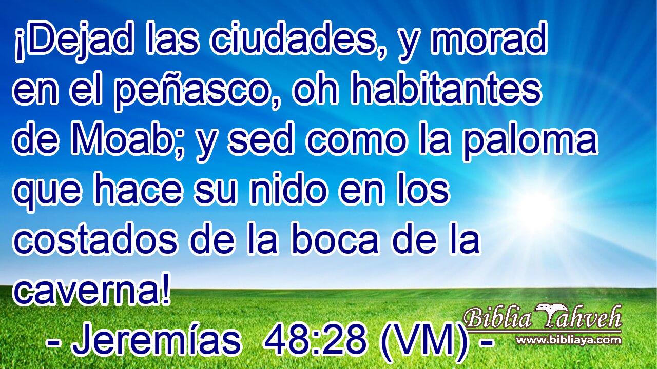  ¡Dejad las ciudades, y morad en el peñasco, oh habitantes de Moab; y sed como la paloma que hace su nido en los costados de la boca de la caverna! 