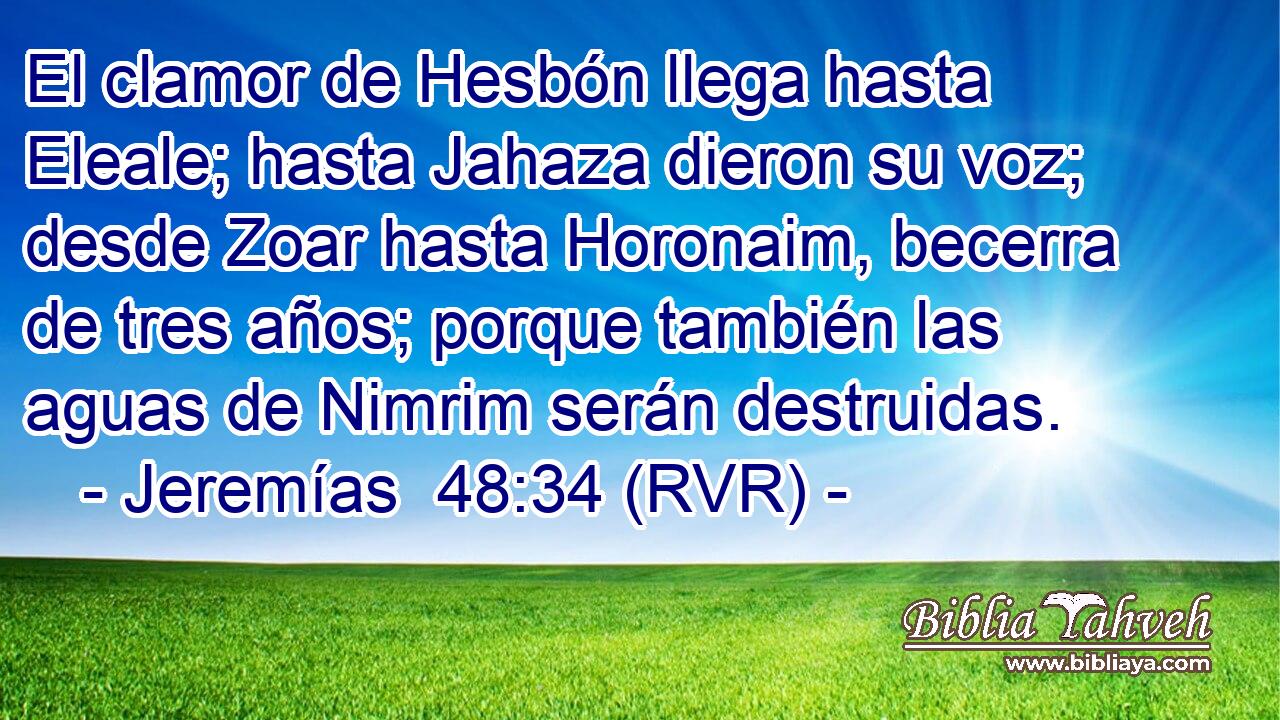 El clamor de Hesbón llega hasta Eleale; hasta Jahaza dieron su voz; desde Zoar hasta Horonaim, becerra de tres años; porque también las aguas de Nimrim serán destruidas.