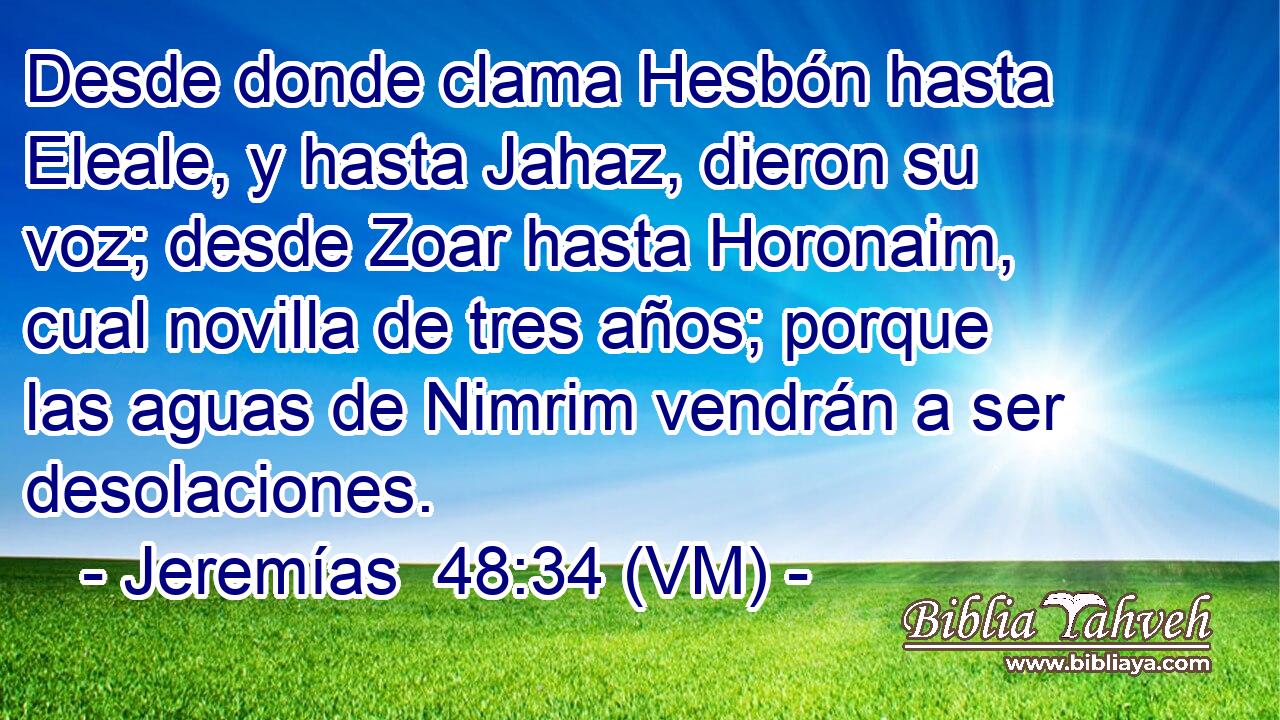  Desde donde clama Hesbón hasta Eleale, y hasta Jahaz, dieron su voz; desde Zoar hasta Horonaim, cual novilla de tres años; porque las aguas de Nimrim vendrán a ser desolaciones. 