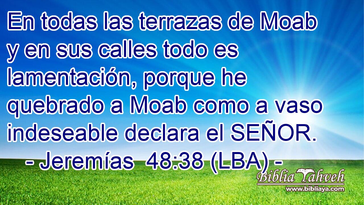 En todas las terrazas de Moab y en sus calles todo es lamentación, porque he quebrado a Moab como a vaso indeseable declara el SEÑOR.
