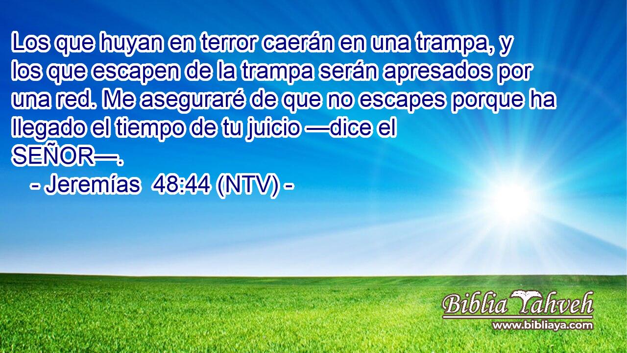 Los que huyan en terror caerán en una trampa, y los que escapen de la trampa serán apresados por una red. Me aseguraré de que no escapes porque ha llegado el tiempo de tu juicio —dice el SEÑOR—.