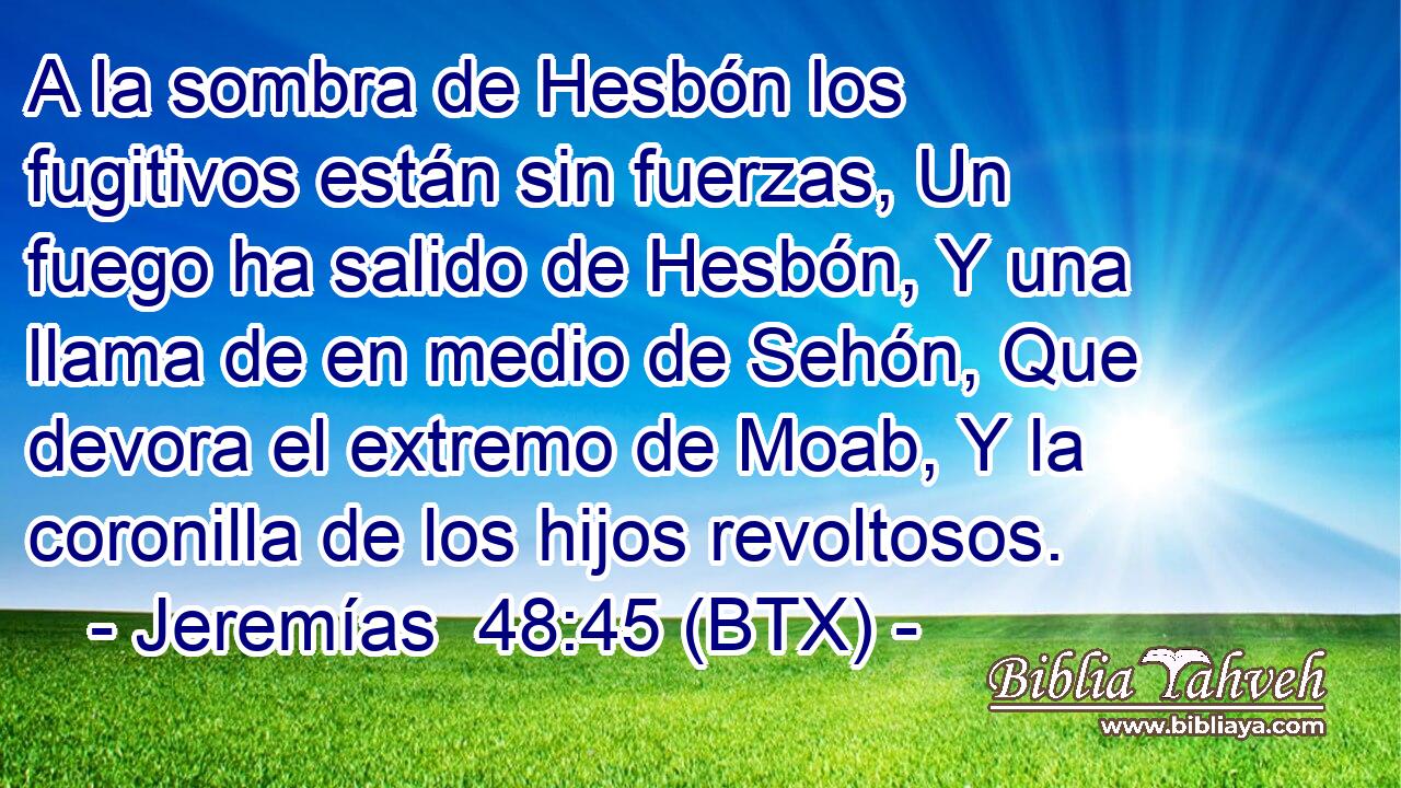 A la sombra de Hesbón los fugitivos están sin fuerzas, Un fuego ha salido de Hesbón, Y una llama de en medio de Sehón, Que devora el extremo de Moab, Y la coronilla de los hijos revoltosos.