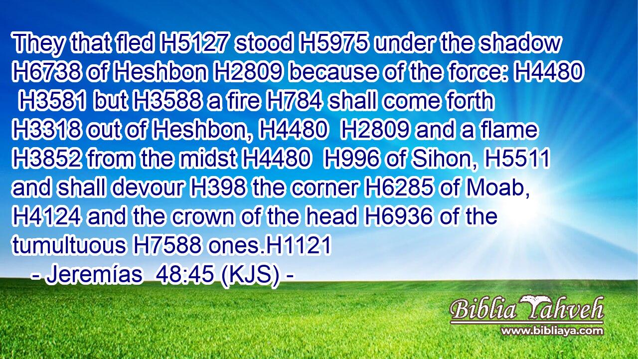 They that fled H5127 stood H5975 under the shadow H6738 of Heshbon H2809 because of the force: H4480  H3581 but H3588 a fire H784 shall come forth H3318 out of Heshbon, H4480  H2809 and a flame H3852 from the midst H4480  H996 of Sihon, H5511 and shall devour H398 the corner H6285 of Moab, H4124 and the crown of the head H6936 of the tumultuous H7588 ones.H1121
