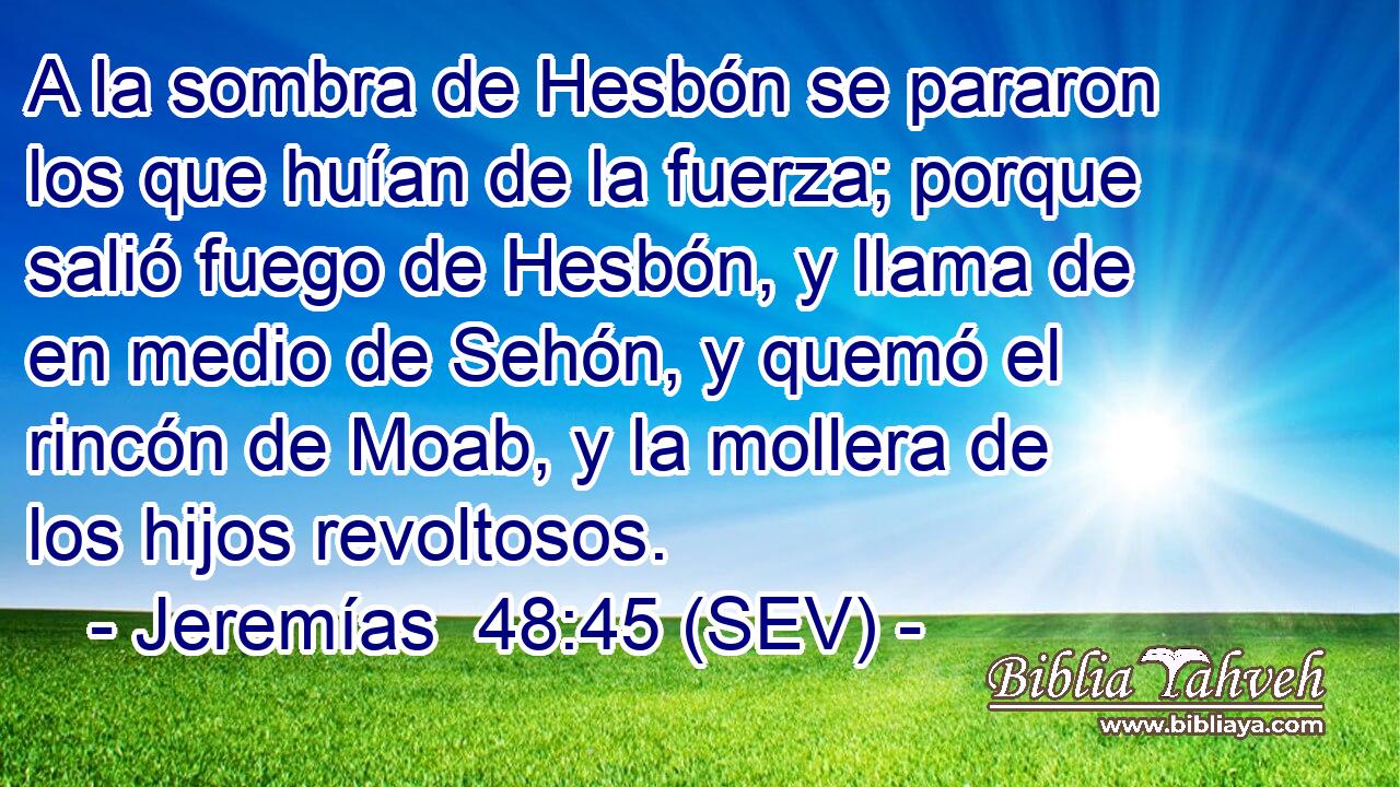A la sombra de Hesbón se pararon los que huían de la fuerza; porque salió fuego de Hesbón, y llama de en medio de Sehón, y quemó el rincón de Moab, y la mollera de los hijos revoltosos.