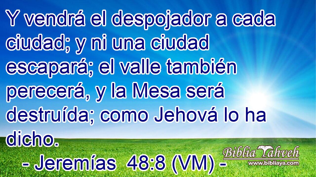  Y vendrá el despojador a cada ciudad; y ni una ciudad escapará; el valle también perecerá, y la Mesa será destruída; como Jehová lo ha dicho. 