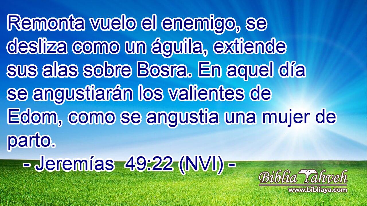 Remonta vuelo el enemigo, se desliza como un águila, extiende sus alas sobre Bosra. En aquel día se angustiarán los valientes de Edom, como se angustia una mujer de parto. 