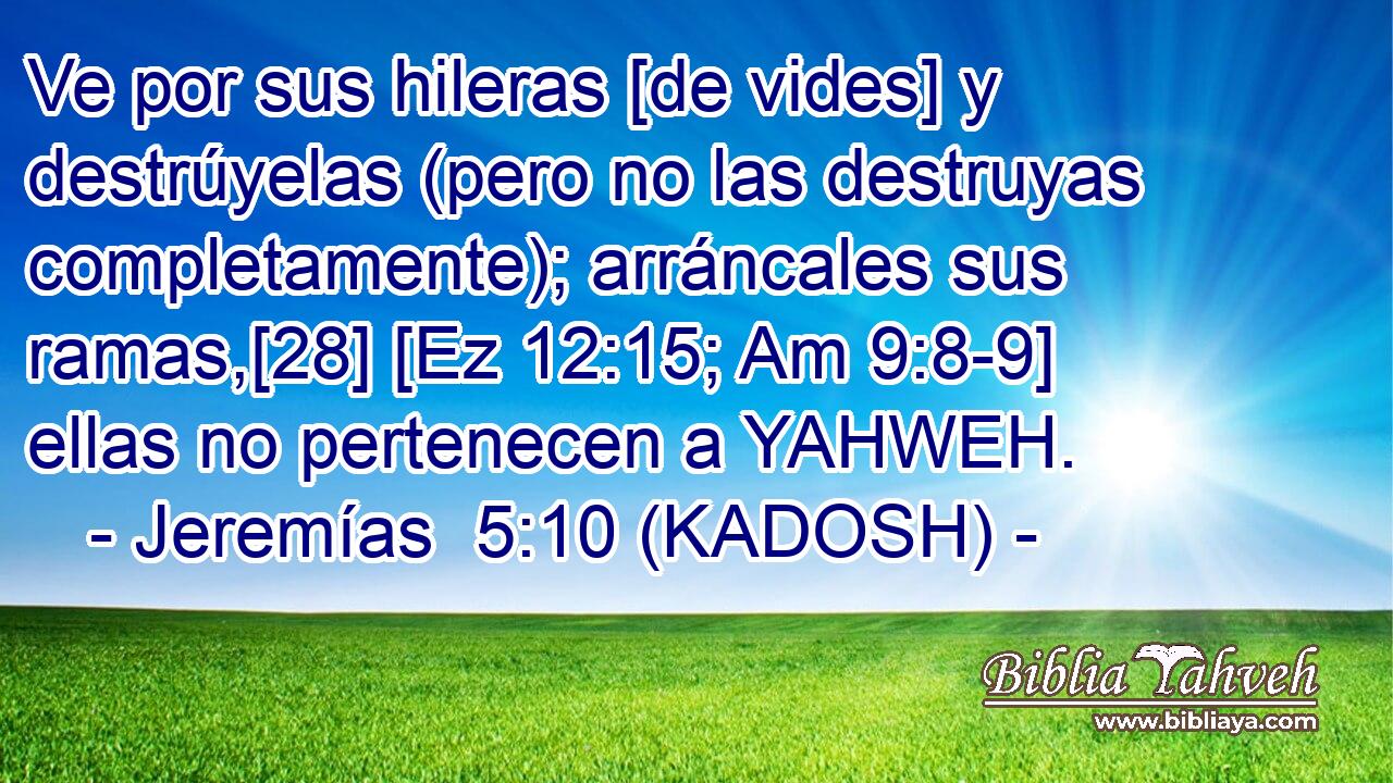  Ve por sus hileras [de vides] y destrúyelas (pero no las destruyas completamente); arráncales sus ramas,[28] [Ez 12:15; Am 9:8-9] ellas no pertenecen a YAHWEH. 
