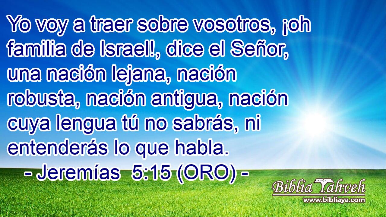  Yo voy a traer sobre vosotros, ¡oh familia de Israel!, dice el Señor, una nación lejana, nación robusta, nación antigua, nación cuya lengua tú no sabrás, ni entenderás lo que habla. 