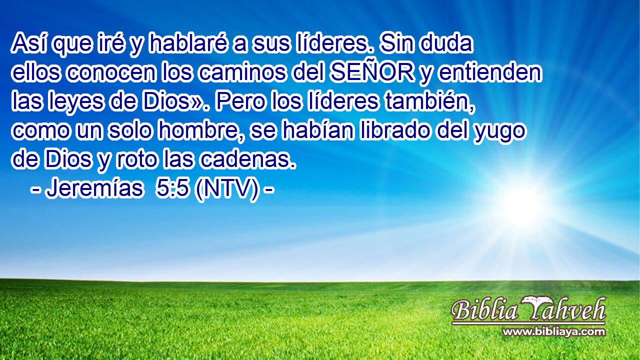 Así que iré y hablaré a sus líderes. Sin duda ellos conocen los caminos del SEÑOR y entienden las leyes de Dios». Pero los líderes también, como un solo hombre, se habían librado del yugo de Dios y roto las cadenas.