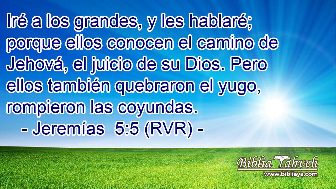 Iré a los grandes, y les hablaré; porque ellos conocen el camino de Jehová, el juicio de su Dios. Pero ellos también quebraron el yugo, rompieron las coyundas.