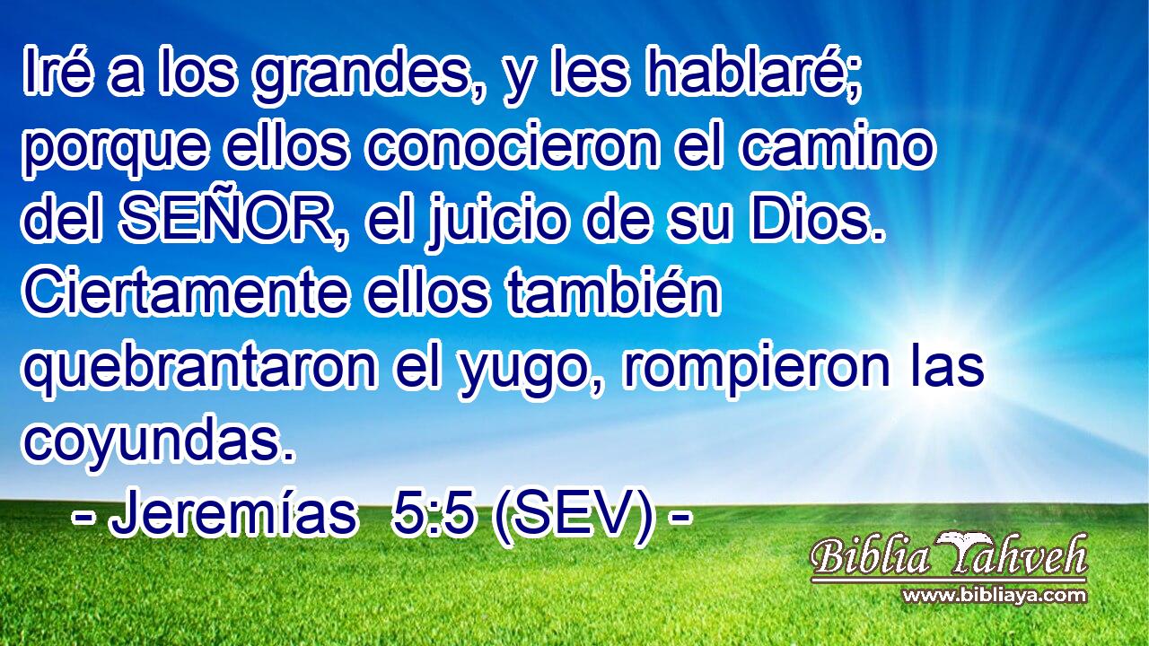 Iré a los grandes, y les hablaré; porque ellos conocieron el camino del SEÑOR, el juicio de su Dios. Ciertamente ellos también quebrantaron el yugo, rompieron las coyundas.