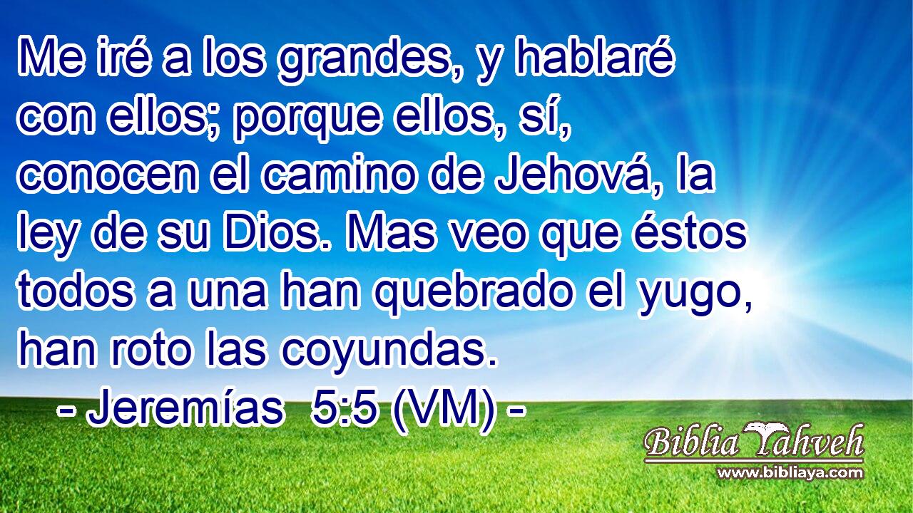  Me iré a los grandes, y hablaré con ellos; porque ellos, sí, conocen el camino de Jehová, la ley de su Dios. Mas veo que éstos todos a una han quebrado el yugo, han roto las coyundas. 