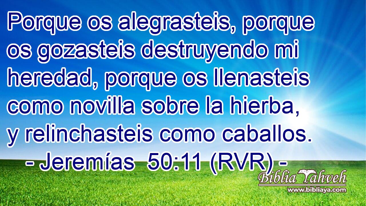 Porque os alegrasteis, porque os gozasteis destruyendo mi heredad, porque os llenasteis como novilla sobre la hierba, y relinchasteis como caballos.