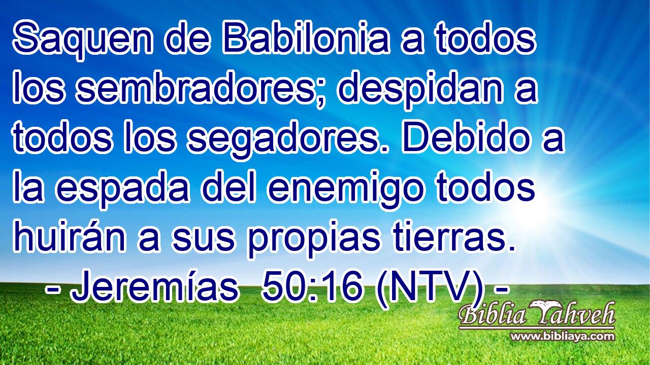 Saquen de Babilonia a todos los sembradores; despidan a todos los segadores. Debido a la espada del enemigo todos huirán a sus propias tierras.