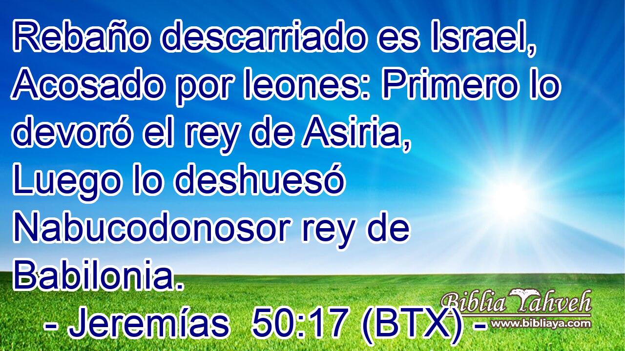 Rebaño descarriado es Israel, Acosado por leones: Primero lo devoró el rey de Asiria, Luego lo deshuesó Nabucodonosor rey de Babilonia.