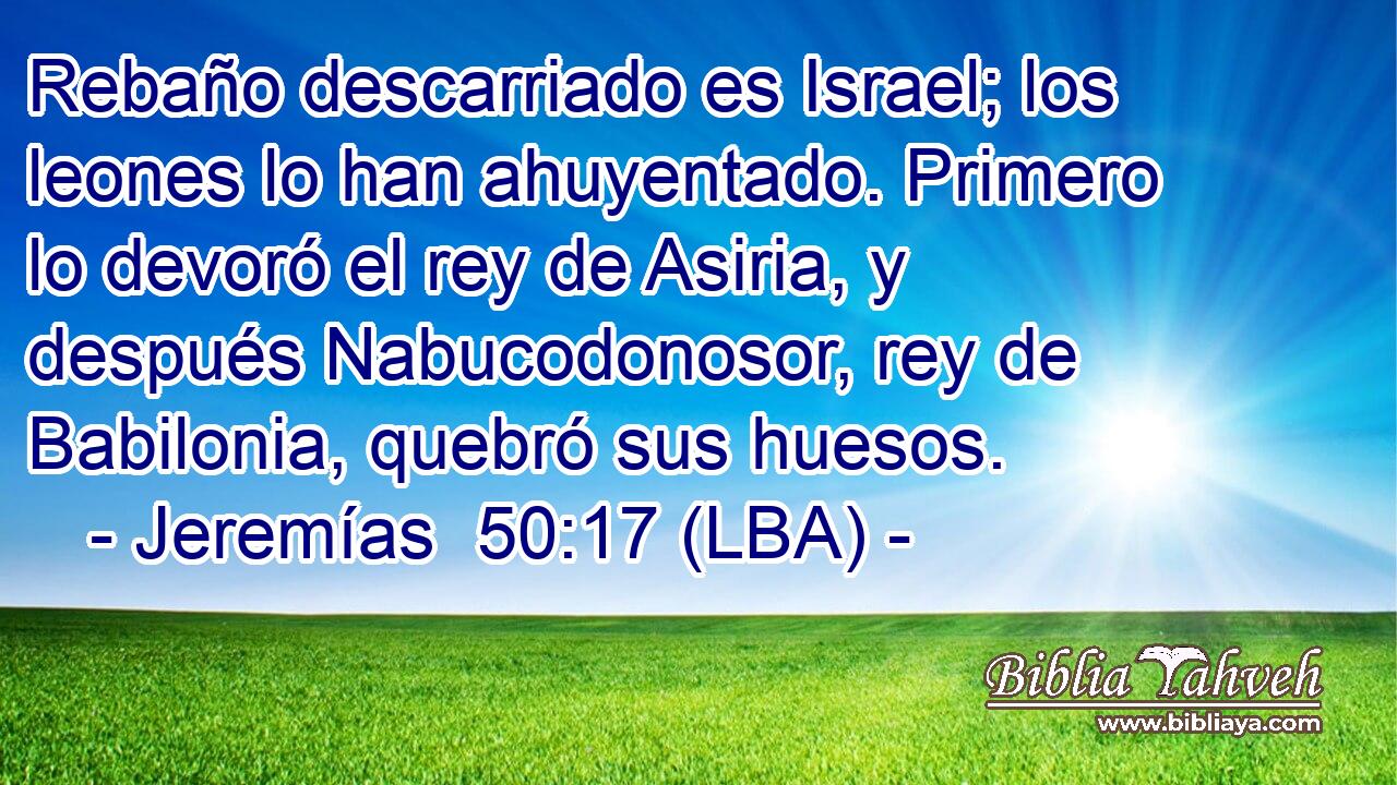 Rebaño descarriado es Israel; los leones lo han ahuyentado. Primero lo devoró el rey de Asiria, y después Nabucodonosor, rey de Babilonia, quebró sus huesos.