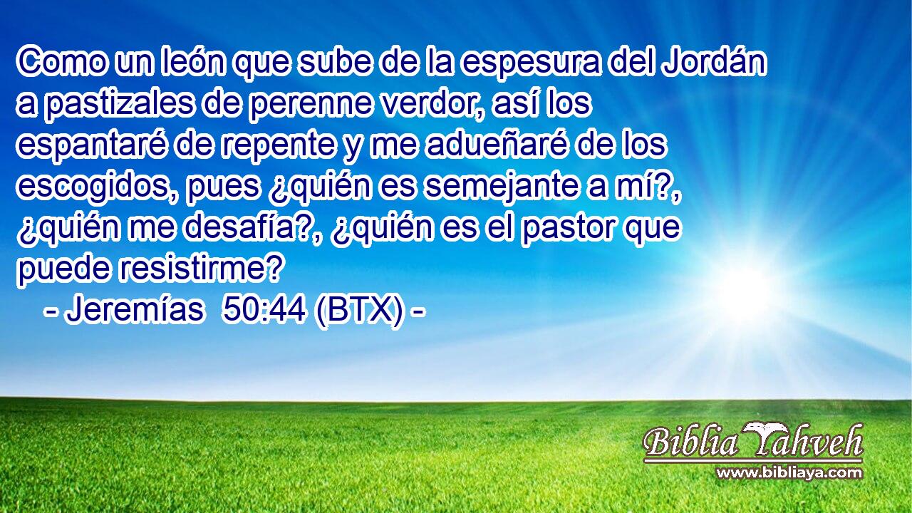 Como un león que sube de la espesura del Jordán a pastizales de perenne verdor, así los espantaré de repente y me adueñaré de los escogidos, pues ¿quién es semejante a mí?, ¿quién me desafía?, ¿quién es el pastor que puede resistirme?