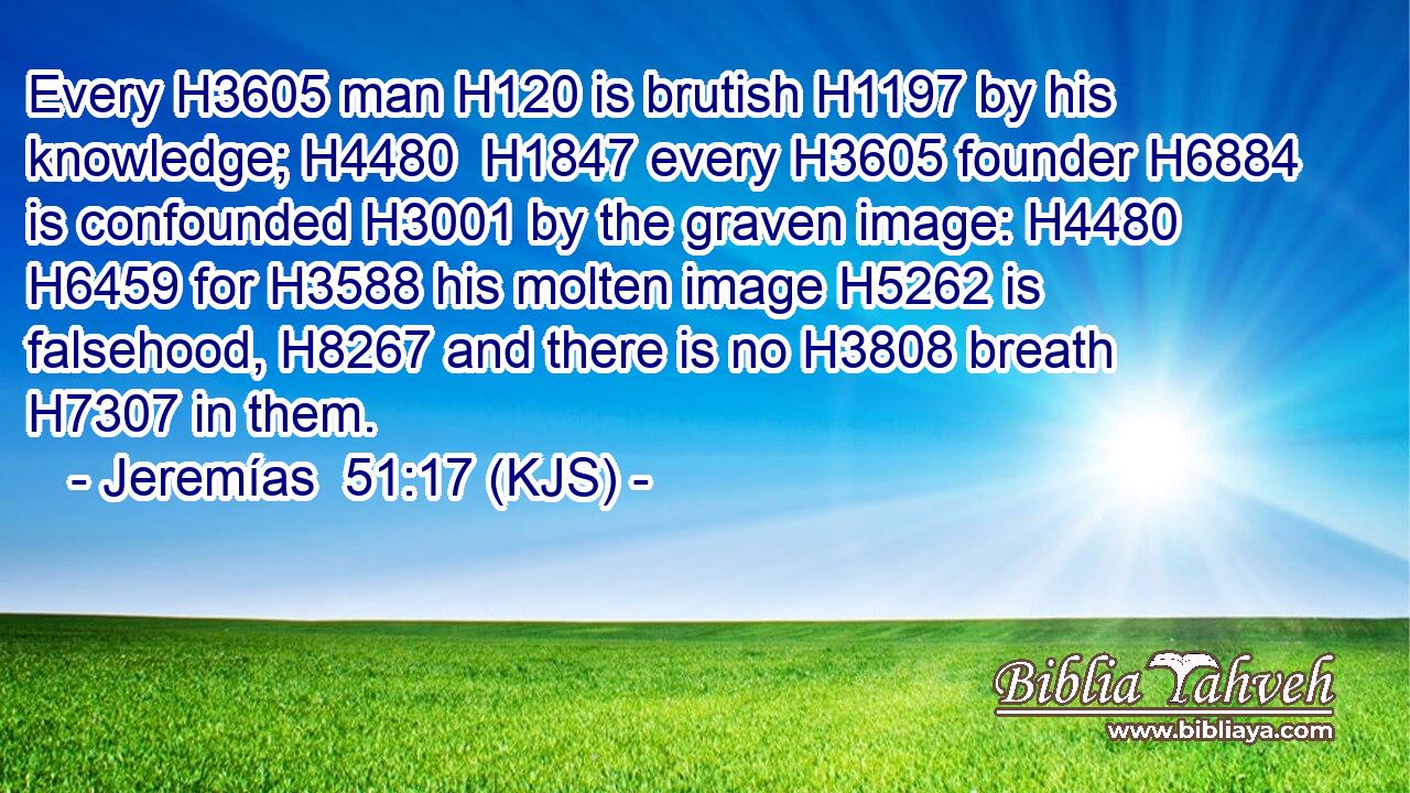 Every H3605 man H120 is brutish H1197 by his knowledge; H4480  H1847 every H3605 founder H6884 is confounded H3001 by the graven image: H4480  H6459 for H3588 his molten image H5262 is falsehood, H8267 and there is no H3808 breath H7307 in them.