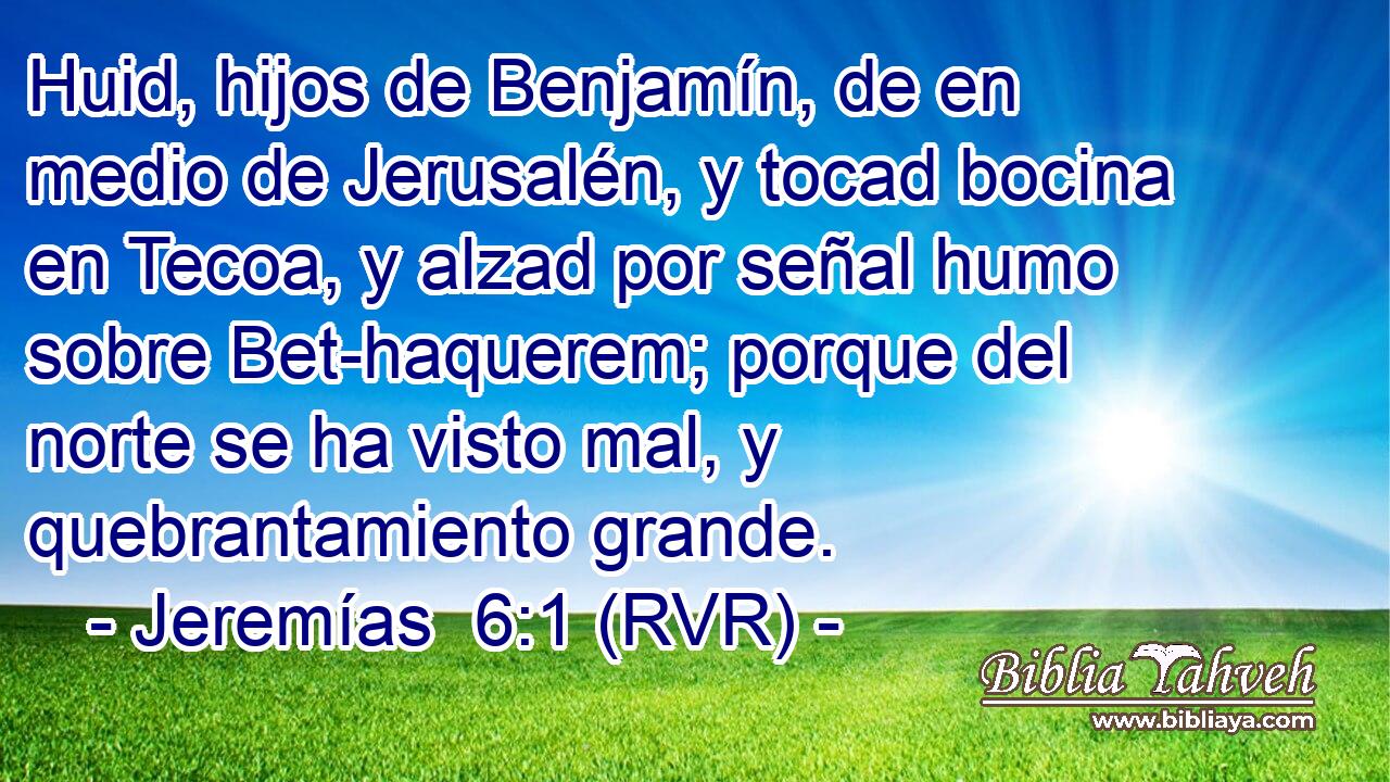 Huid, hijos de Benjamín, de en medio de Jerusalén, y tocad bocina en Tecoa, y alzad por señal humo sobre Bet-haquerem; porque del norte se ha visto mal, y quebrantamiento grande.