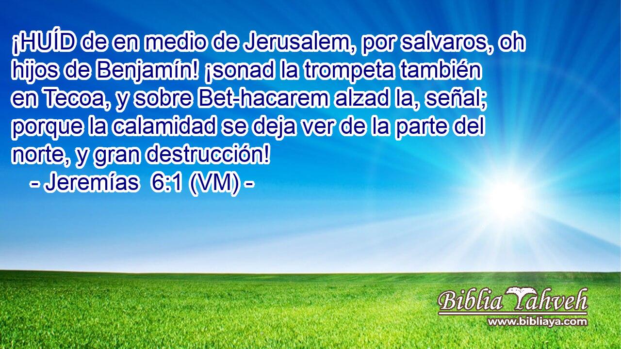 ¡HUÍD de en medio de Jerusalem, por salvaros, oh hijos de Benjamín! ¡sonad la trompeta también en Tecoa, y sobre Bet-hacarem alzad la, señal; porque la calamidad se deja ver de la parte del norte, y gran destrucción! 