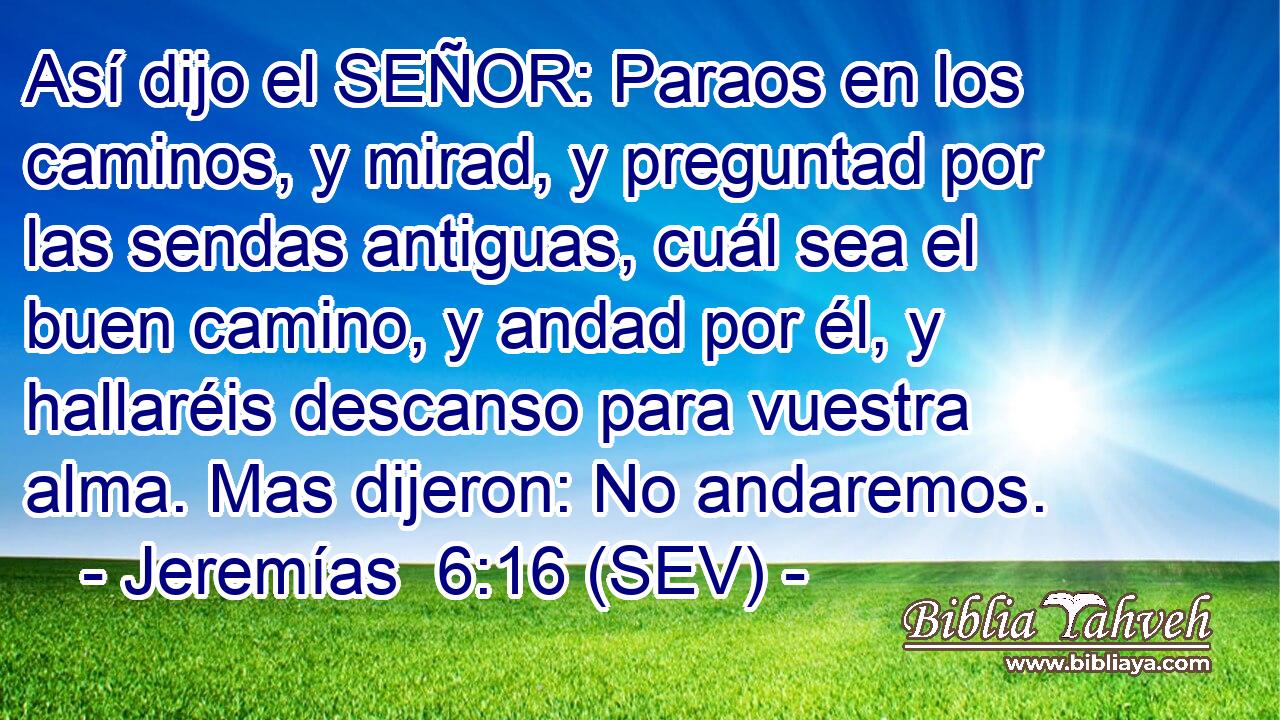 Así dijo el SEÑOR: Paraos en los caminos, y mirad, y preguntad por las sendas antiguas, cuál sea el buen camino, y andad por él, y hallaréis descanso para vuestra alma. Mas dijeron: No andaremos.