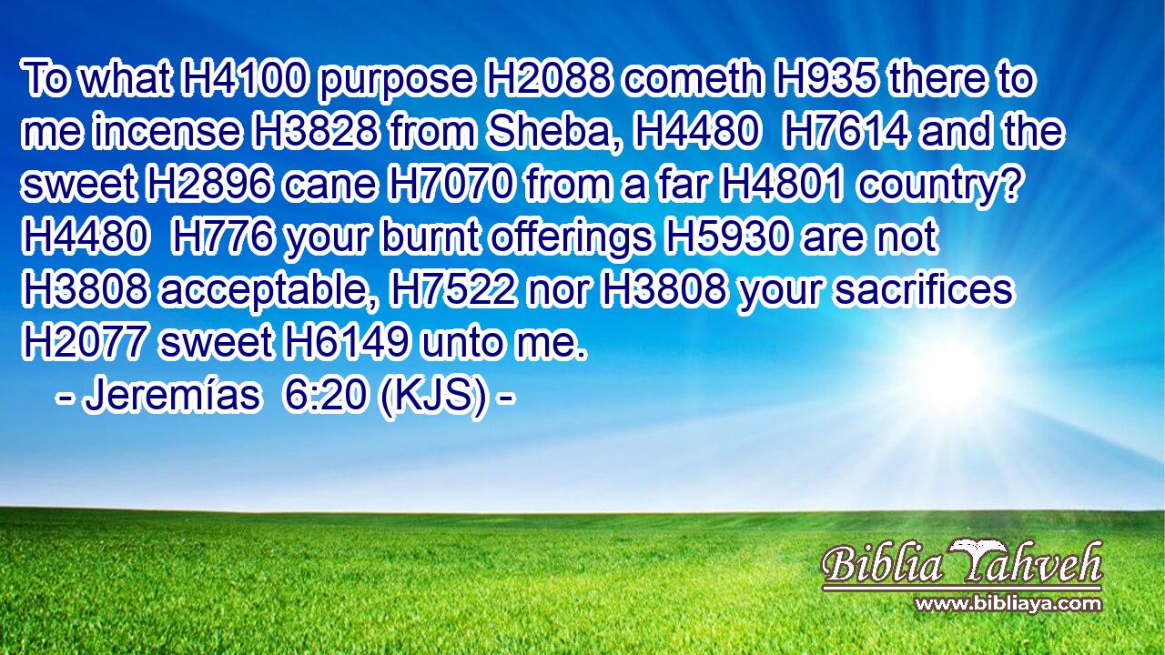 To what H4100 purpose H2088 cometh H935 there to me incense H3828 from Sheba, H4480  H7614 and the sweet H2896 cane H7070 from a far H4801 country? H4480  H776 your burnt offerings H5930 are not H3808 acceptable, H7522 nor H3808 your sacrifices H2077 sweet H6149 unto me.
