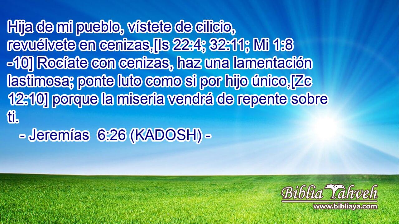  Hija de mi pueblo, vístete de cilicio, revuélvete en cenizas,[Is 22:4; 32:11; Mi 1:8 -10] Rocíate con cenizas, haz una lamentación lastimosa; ponte luto como si por hijo único,[Zc 12:10] porque la miseria vendrá de repente sobre ti. 