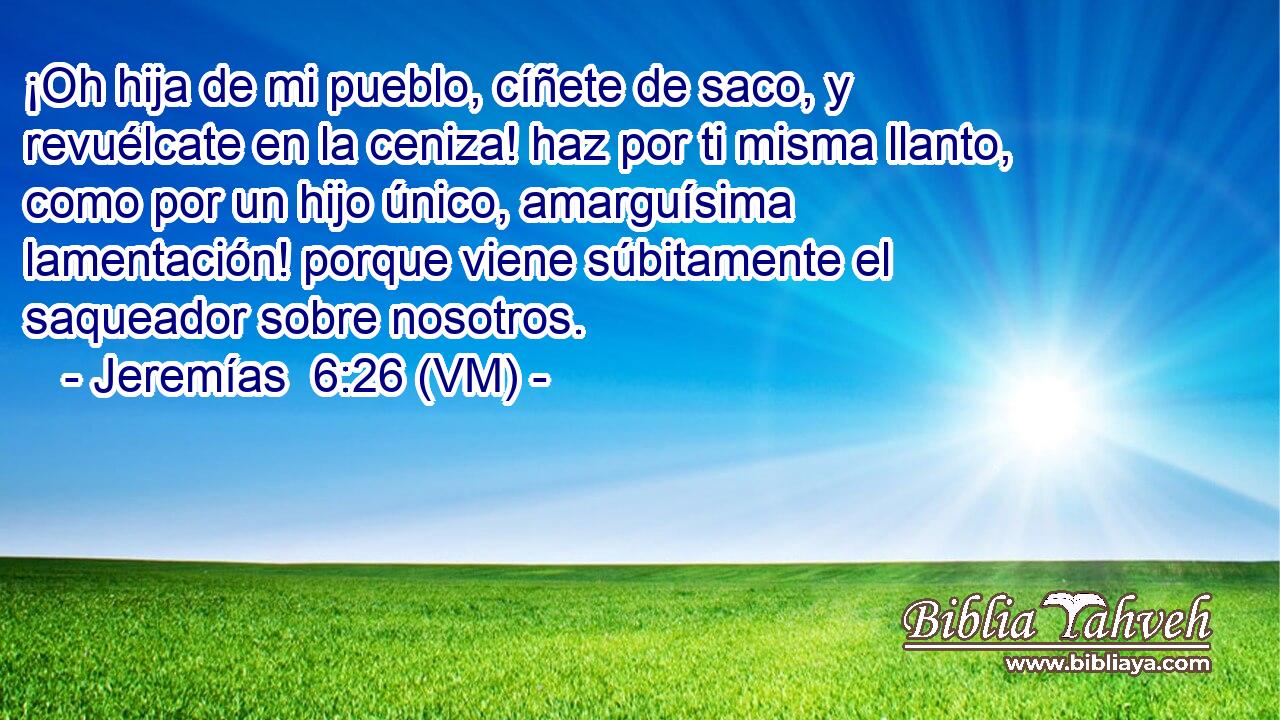  ¡Oh hija de mi pueblo, cíñete de saco, y revuélcate en la ceniza! haz por ti misma llanto, como por un hijo único, amarguísima lamentación! porque viene súbitamente el saqueador sobre nosotros. 