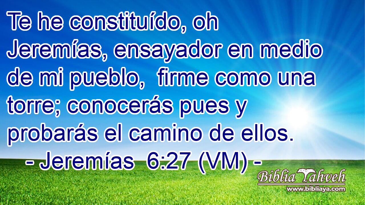  Te he constituído, oh Jeremías, ensayador en medio de mi pueblo,  firme como una torre; conocerás pues y probarás el camino de ellos. 