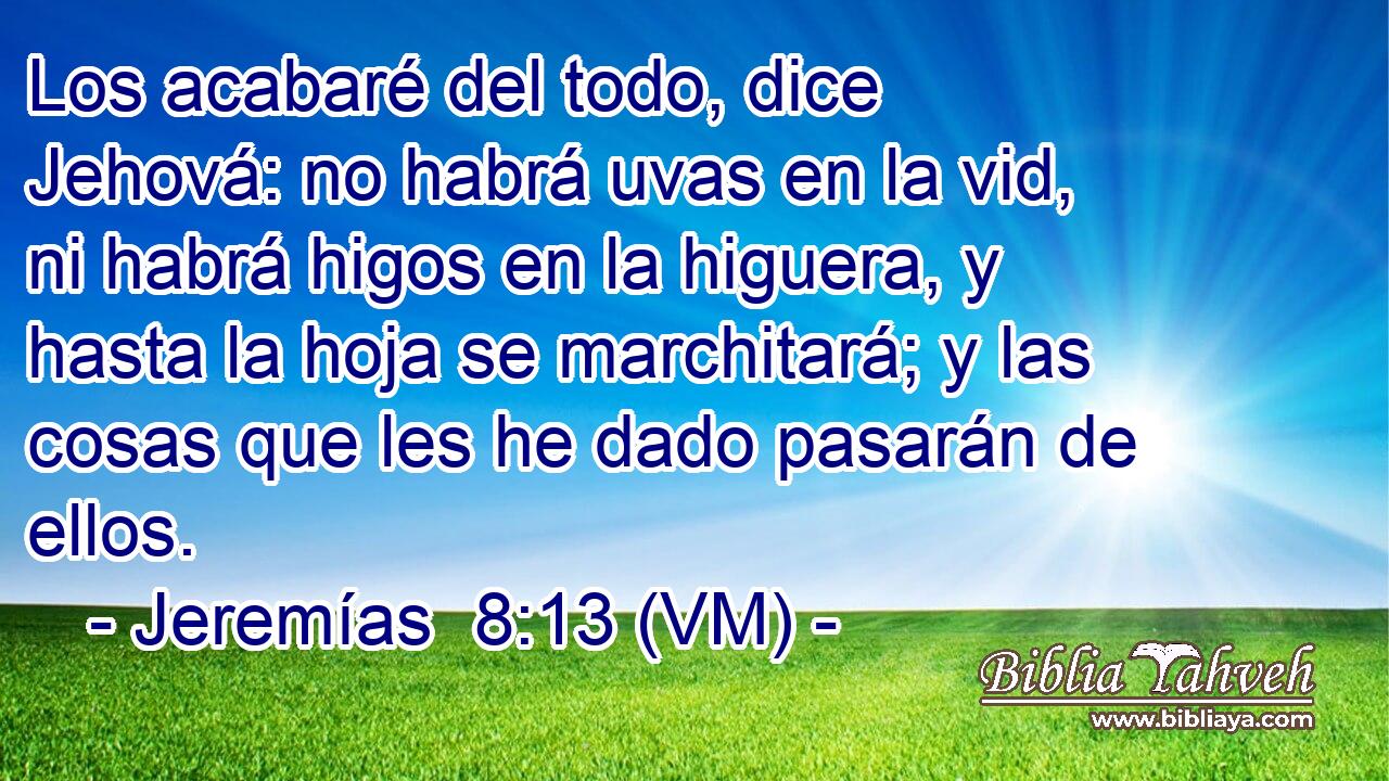  Los acabaré del todo, dice Jehová: no habrá uvas en la vid, ni habrá higos en la higuera, y hasta la hoja se marchitará; y las cosas que les he dado pasarán de ellos. 