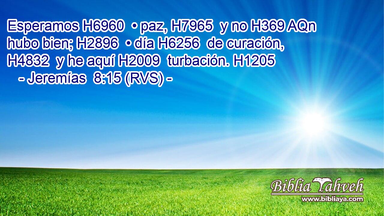 Esperamos H6960  • paz, H7965  y no H369 AQn hubo bien; H2896  • día H6256  de curación, H4832  y he aquí H2009  turbación. H1205  