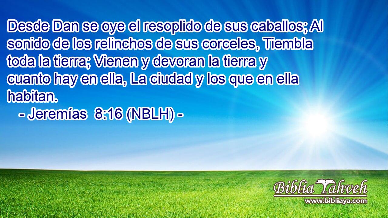  Desde Dan se oye el resoplido de sus caballos; Al sonido de los relinchos de sus corceles, Tiembla toda la tierra; Vienen y devoran la tierra y cuanto hay en ella, La ciudad y los que en ella habitan. 