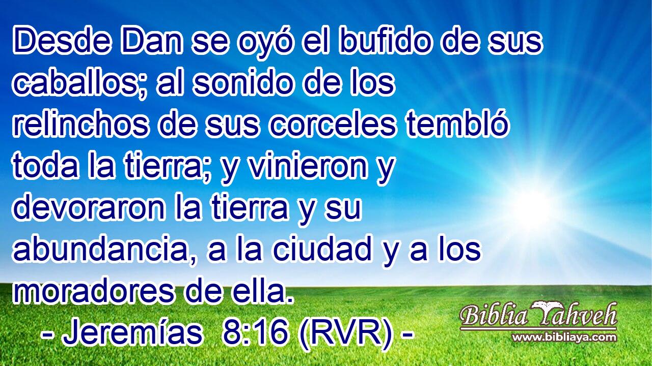 Desde Dan se oyó el bufido de sus caballos; al sonido de los relinchos de sus corceles tembló toda la tierra; y vinieron y devoraron la tierra y su abundancia, a la ciudad y a los moradores de ella.