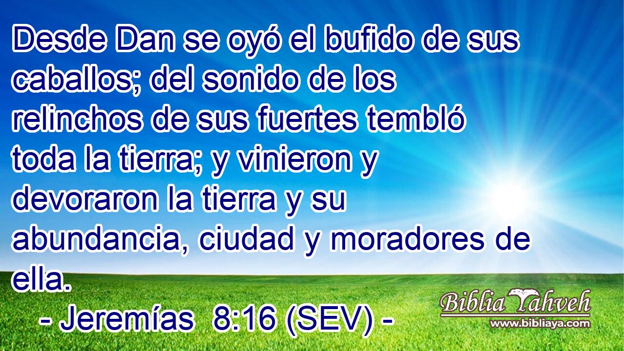 Desde Dan se oyó el bufido de sus caballos; del sonido de los relinchos de sus fuertes tembló toda la tierra; y vinieron y devoraron la tierra y su abundancia, ciudad y moradores de ella.